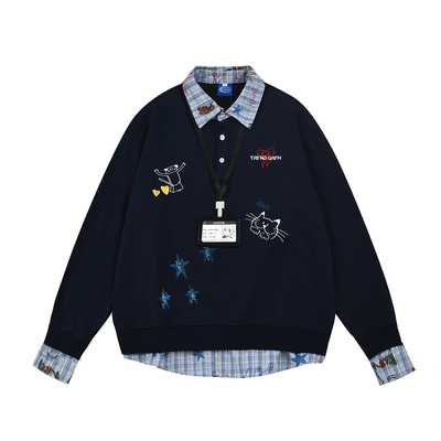 设计感字母刺绣翻领假两件卫衣