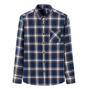 保罗100%纯棉男士长袖衬衫春季新款中老年全棉休闲格子衬衣爸爸装