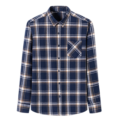 保罗100%纯棉男士长袖衬衫春季新款中老年全棉休闲格子衬衣爸爸装