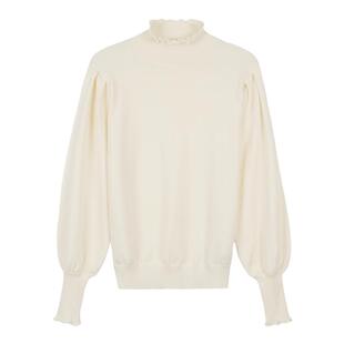 弥古白色半高领毛衣打底衫女法式灯笼袖针织衫秋冬内搭泡泡袖上衣