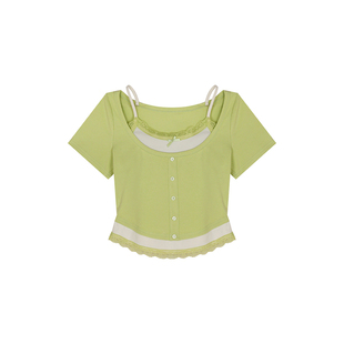 安妮不火 蜜瓜热浪撞色蕾丝拼接针织T恤女微胖大码吊带短袖小衣