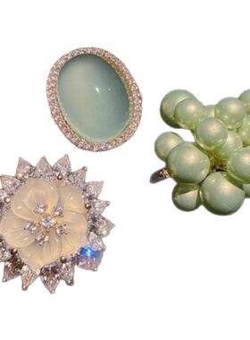 珠宝 蜜桃花海水晶太阳花宝石戒指 镀18K金 水沫玉鸽子蛋锆石戒指