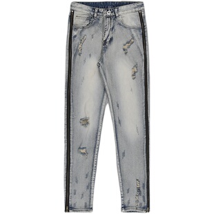 新因素 XINYINSU高街侧拉链弹力牛仔裤做旧复古炸街破洞裤子男潮