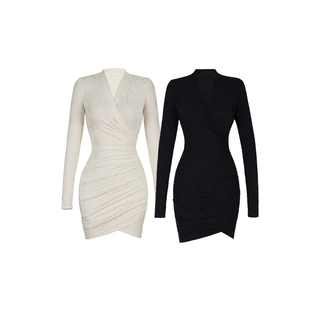 XULU原创人棉针织肌理褶皱性感包臀裙气质优雅高腰长袖V领连衣裙