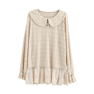 森女部落森系娃娃领长袖T恤女新款蕾丝下摆设计感打底衫百搭上衣