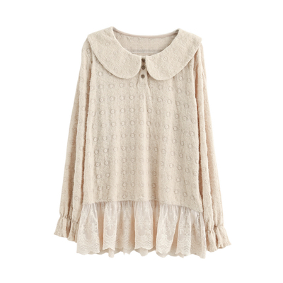 森女部落森系娃娃领长袖T恤女新款蕾丝下摆设计感打底衫百搭上衣