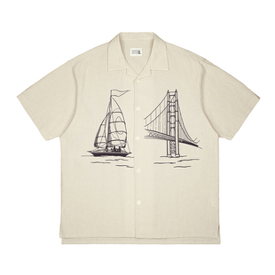 CENLES SS25 竹节苎麻图案古巴领衬衫男短袖日系复古印花衬衣夏季