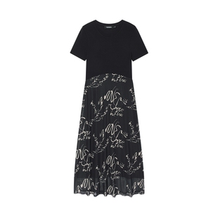 Desigual修身印花网纱拼接连衣裙