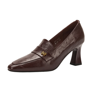 星期六英伦风方头高跟乐福鞋女深口单鞋粗跟复古风小个子通勤女鞋