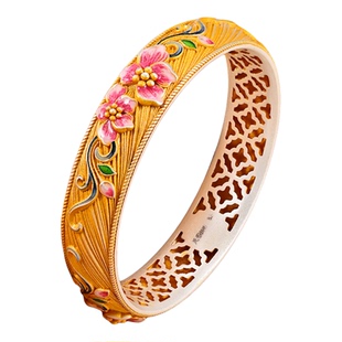银千造 春桃足银999镂空闭口描金珐琅彩银手镯女国风纯银镯子银饰