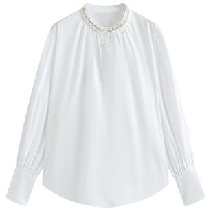 FEXATA斐格思2026春季新品宽松显瘦钉珠宽松小立领衬衫女白色衬衣