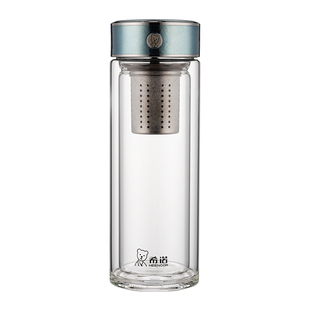 希诺双层抗菌玻璃杯男新款高档办公茶水分离泡茶杯子女家用钛水杯