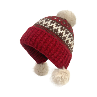 秋冬新款费尔岛风复古毛绒球针织帽女时尚百搭保暖护耳帽户外防寒