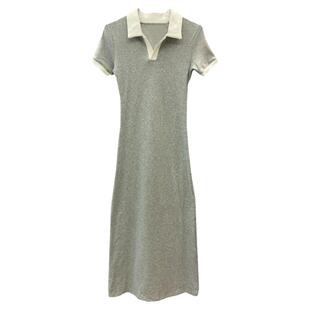 韩国东大门短袖连衣裙女2024年夏季新款撞色POLO领弹力修身长裙子