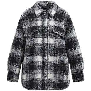KBNE奥利奥羊毛黑白格纹衬衫式毛呢外套女2025冬季新款复古呢大衣