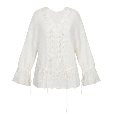 miorastudio法式复古柔光白宽松微透针织衫 V领镂空抽绳绑带上衣