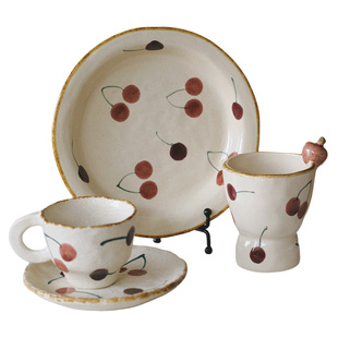 泽滕家椭圆盘子手绘釉下彩樱桃餐具碗碟组合可爱小清新套餐乔迁礼