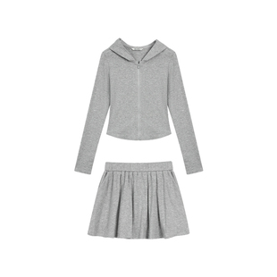 MULVAN 【现货5.5折】短款灰色连帽卫衣开衫女身针织长袖拉链外套