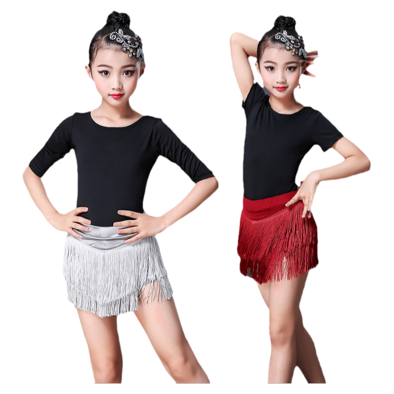 萌少儿拉丁舞服新款儿童恰恰银色分体流苏裙下装练习表演服半身裙