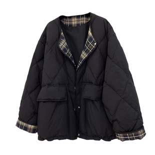 大码胖MM休闲羽绒服女冬季2024年新款格子拼接宽松白鸭绒保暖外套
