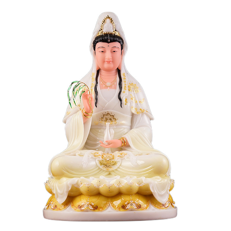 艺金缘汉白玉石观音菩萨佛像家用供奉观音像客厅玄关装饰摆件新品