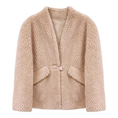 茉萱进口羊毛短款V领羊羔毛外套