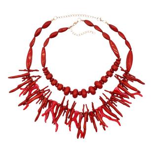 新款欧美叠戴风仿珊瑚项链波西米亚多层串珠锁骨链树脂红颈链舞蹈