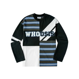 WHOOSIS（不知其名）条纹拼接印花刺绣长袖T恤春季新品校园男女潮