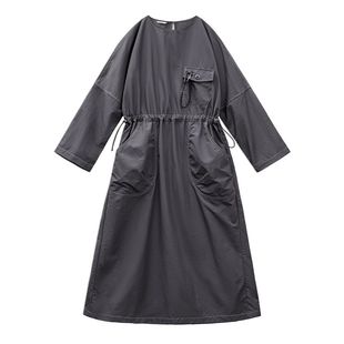 马登落肩薄款宽松中袖七分长袖裙子山系工装风收腰连衣裙女士早秋