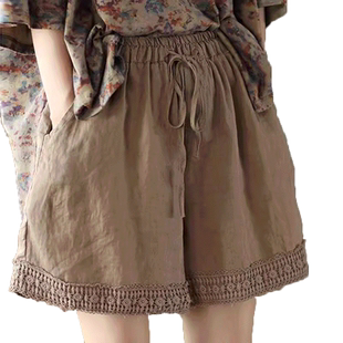 松紧腰短裤女外穿夏季薄款妈妈棉麻裤女士大码休闲亚麻阔腿五分裤