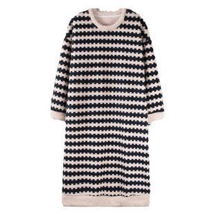 珊瑚绒睡裙女冬季加绒加厚中长款睡衣2026新款冬天条纹家居服套装