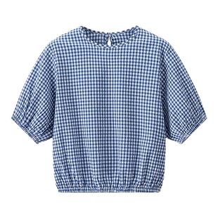 拉夏贝尔/La Chapelle文艺复古格子短袖衬衫女夏季新款泡泡纱上衣