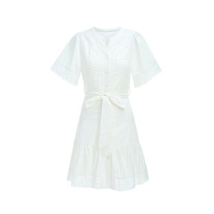 FIVE PLUS镂空刺绣连衣裙女度假风法式小白裙系带2025新款女春装