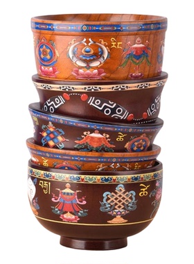 藏餐具彩绘八吉祥实木天珠酥油碗