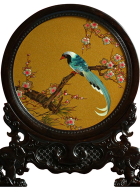 康御红紫光檀木漆画圆插屏