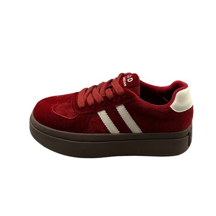 真皮拼接加绒保暧厚底德训鞋女板鞋红色2025年冬款防滑增高休闲鞋