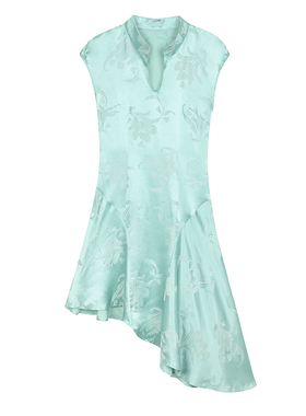 PaleBlueDot蓝点·原创设计水绿色真丝提花不规则中式旗袍连衣裙