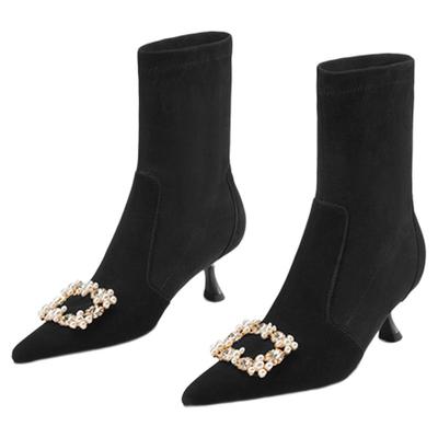 星期六法式尖头细高跟小短靴女2025秋冬新款水钻方扣弹力瘦瘦袜靴