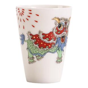 舞狮白瓷闻香杯功夫手绘茶杯品茗杯手工陶瓷主人杯茶盏喝茶单杯子