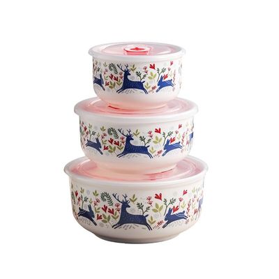 陶瓷保鲜碗三件套泡面碗微波炉用饭盒带盖便当密封盒加热方形厨房