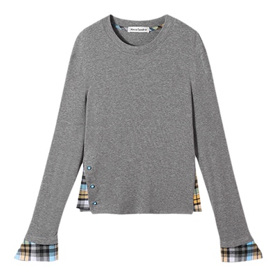 经典简约撞色格纹袖口修身上衣