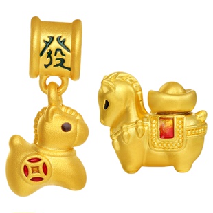 潮宏基五福马黄金吊坠足金串珠手饰5D硬金鎏彩生肖马马上发财礼物