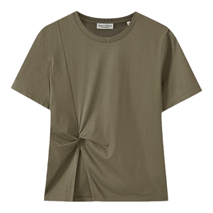 【王艳明星同款】MOP夏季新款纯棉圆领侧扭结宽松时尚短袖T恤女