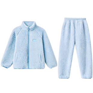 红豆居家儿童珊瑚绒睡衣女童家居服男童拉链可外穿加厚保暖套装冬