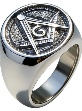 复古银色共济会精钢宽版戒指