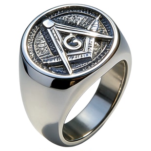 复古银色共济会图案精钢戒指男女宽版金属指环气质百搭高级感高街