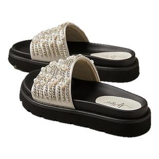 MILLIE'S/妙丽真皮水钻厚底拖鞋女凉鞋2026夏季外穿高跟沙滩鞋