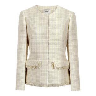 OFFIY-春季浅嫩黄色细闪贵气富家千金小香风西装短外套女2025新款