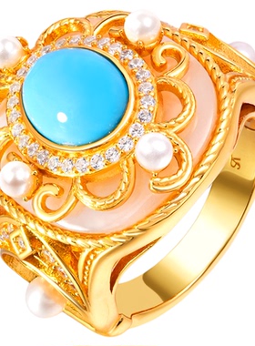 VISING珠宝黄金色人造仿蓝松睡美人珍珠戒指S925银超重工