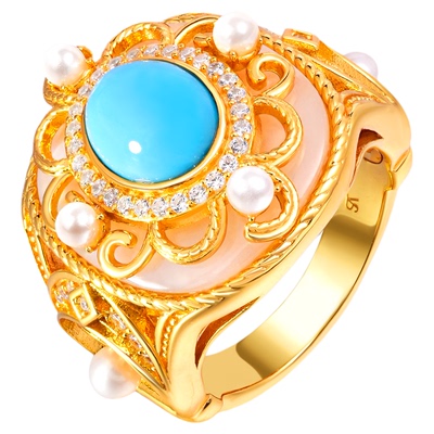 VISING珠宝黄金色人造仿蓝松睡美人珍珠戒指S925银超重工